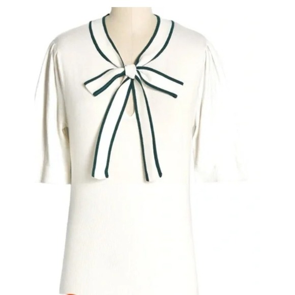 NEW! Modcloth Bow Thyself Tie Neck Knit Short Sleeve Viscose Top Ivory Green S - Picture 1 of 12